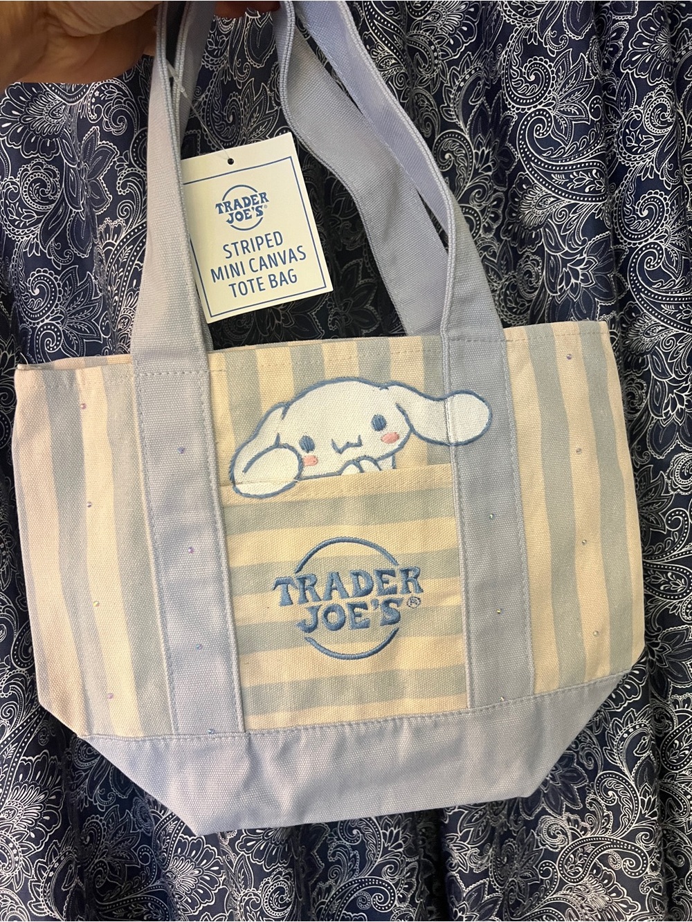 Trader Joe's Striped Mini Tote Cinnamoroll hand painted & hand embroidered! - Picture 2 of 7